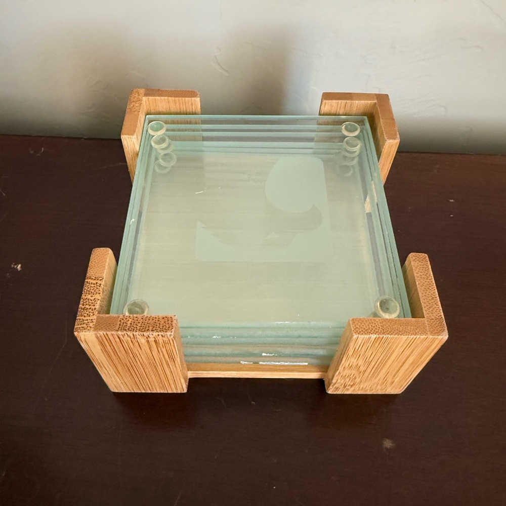BAMBOO Glass set of 6 COASTER‎ SET by crystal & clocks 4”x4”